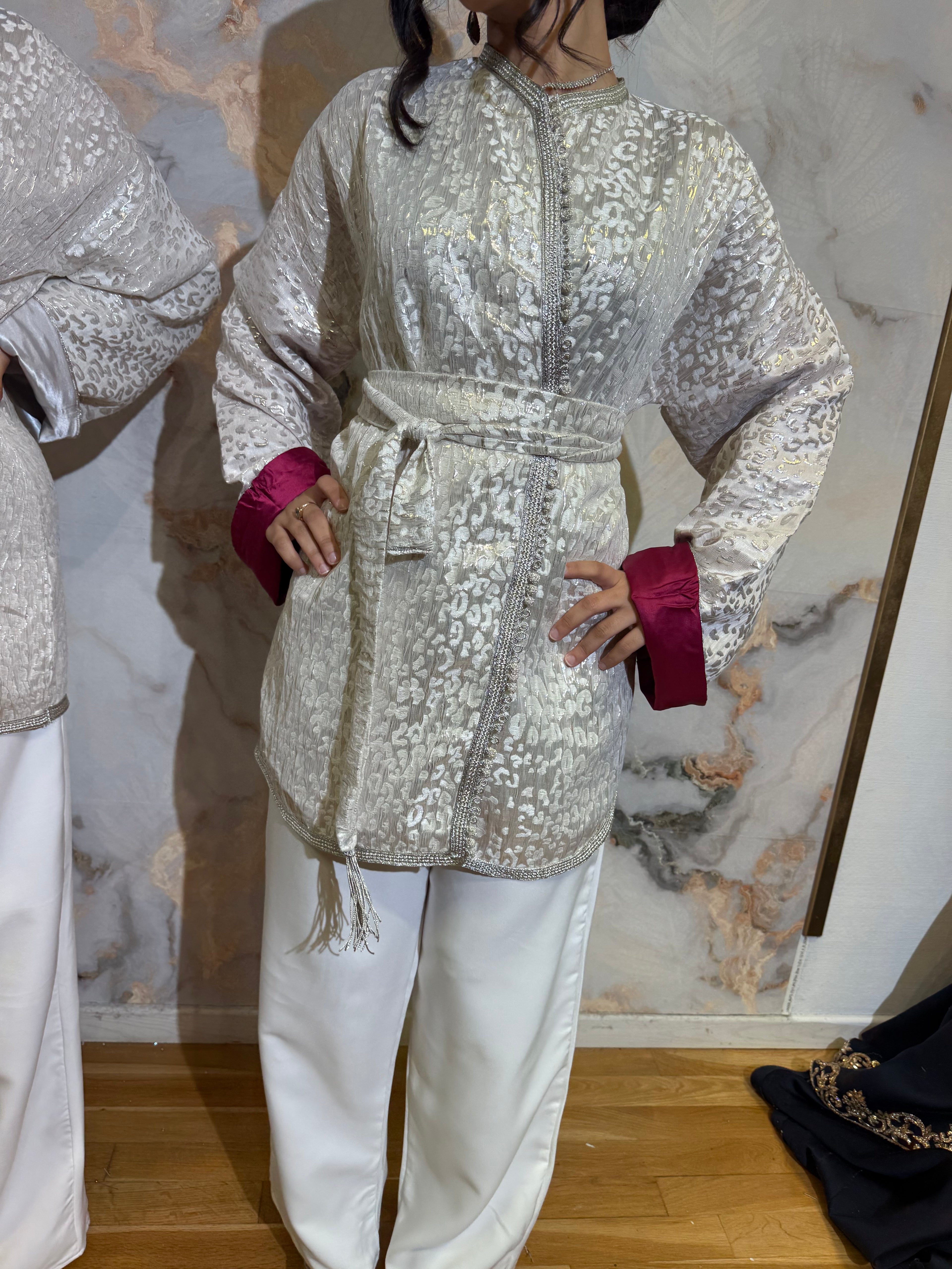 Veste kimono brocard - manche rose
